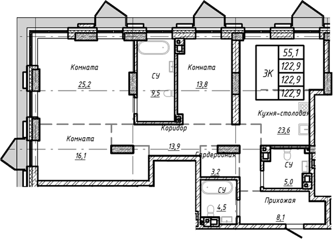Планировка — Барнаул, 1-комн., 123 м²