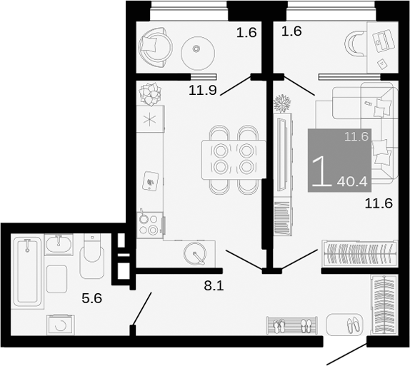 Планировка — Хозяин Морей, 1-комн., 37 м²