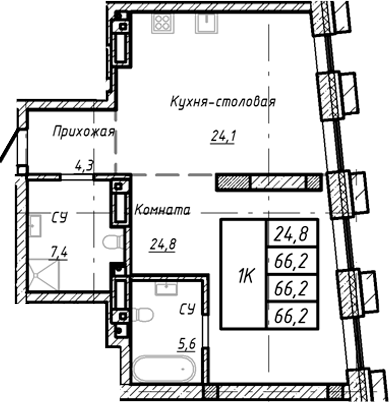 Планировка — Барнаул, 1-комн., 66 м²