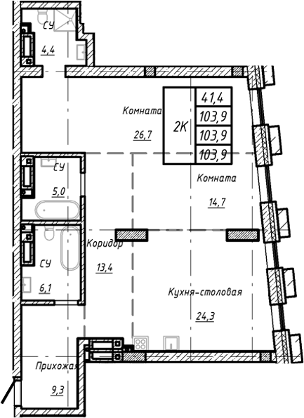 Планировка — Барнаул, 1-комн., 104 м²
