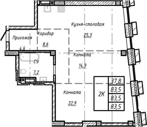 Планировка — Барнаул, 1-комн., 84 м²