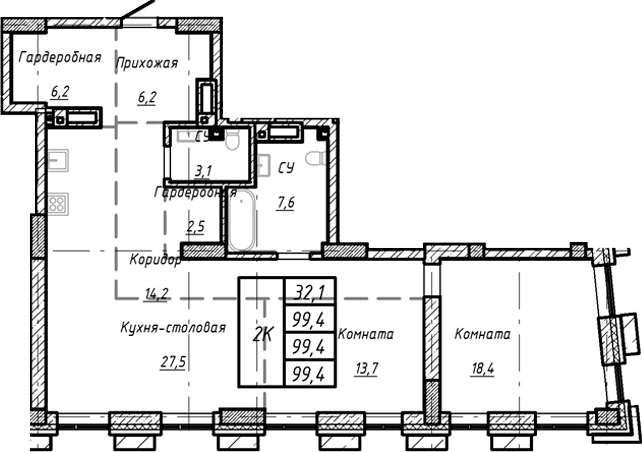 Планировка — Барнаул, 1-комн., 99 м²