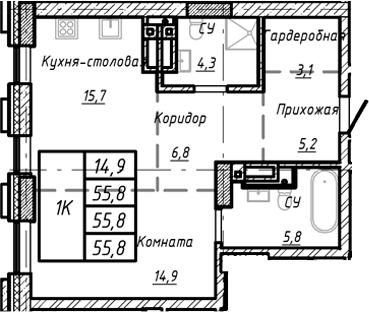 Планировка — Барнаул, 1-комн., 56 м²