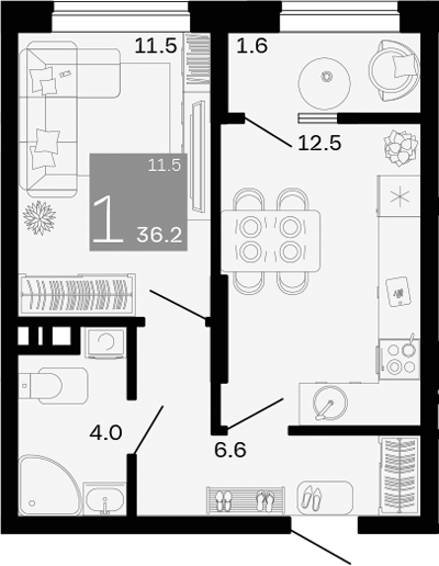 Планировка — Хозяин Морей, 1-комн., 35 м²