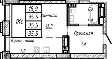 Планировка — Барнаул, 1-комн., 36 м²