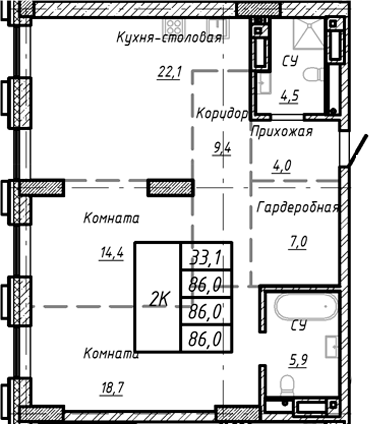Планировка — Барнаул, 1-комн., 86 м²