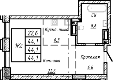 Планировка — Барнаул, 1-комн., 44 м²
