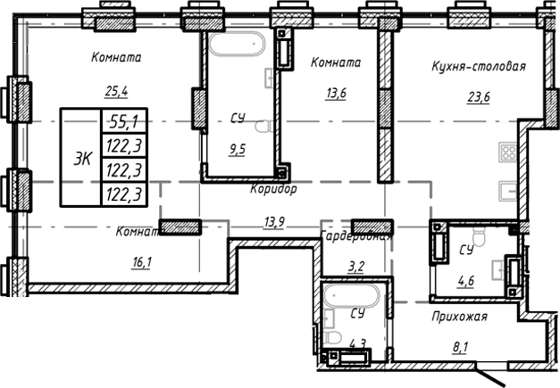 Планировка — Барнаул, 1-комн., 122 м²