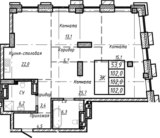 Планировка — Барнаул, 1-комн., 102 м²
