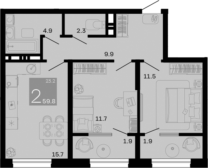 Планировка — Хозяин Морей, 2-комн., 56 м²