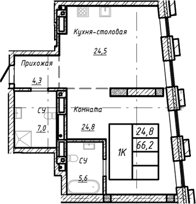 Планировка — Барнаул, 1-комн., 66 м²