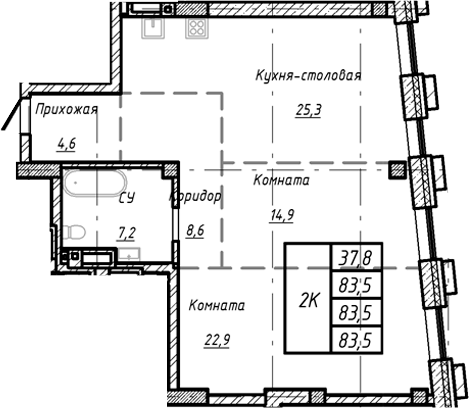 Планировка — Барнаул, 1-комн., 84 м²