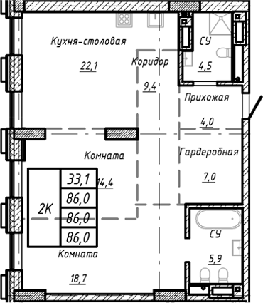 Планировка — Барнаул, 1-комн., 86 м²