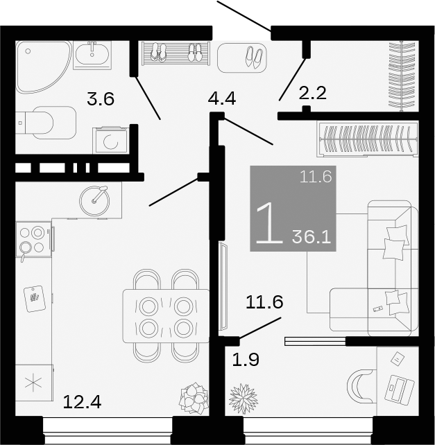 Планировка — Хозяин Морей, 1-комн., 34 м²
