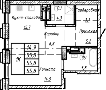 Планировка — Барнаул, 1-комн., 56 м²