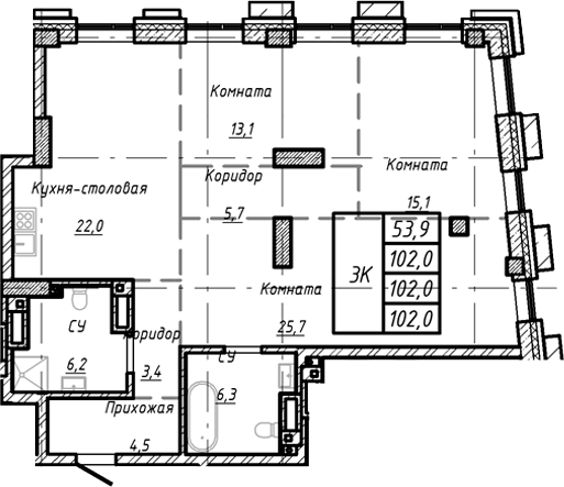 Планировка — Барнаул, 1-комн., 102 м²