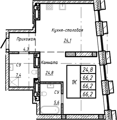 Планировка — Барнаул, 1-комн., 66 м²