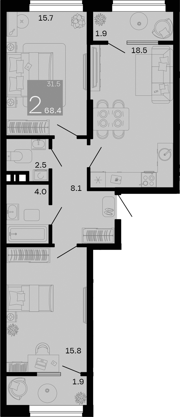 Планировка — Хозяин Морей, 2-комн., 65 м²