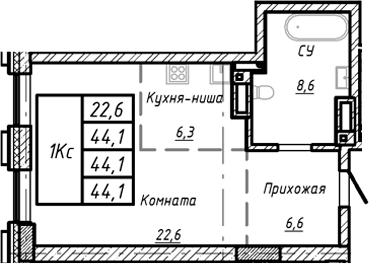 Планировка — Барнаул, 1-комн., 44 м²