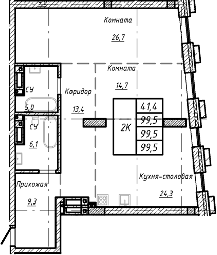 Планировка — Барнаул, 1-комн., 100 м²