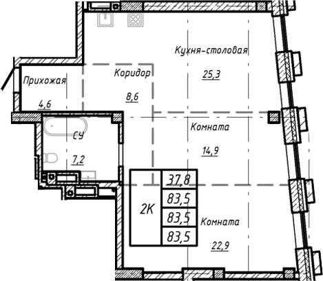 Планировка — Барнаул, 1-комн., 84 м²