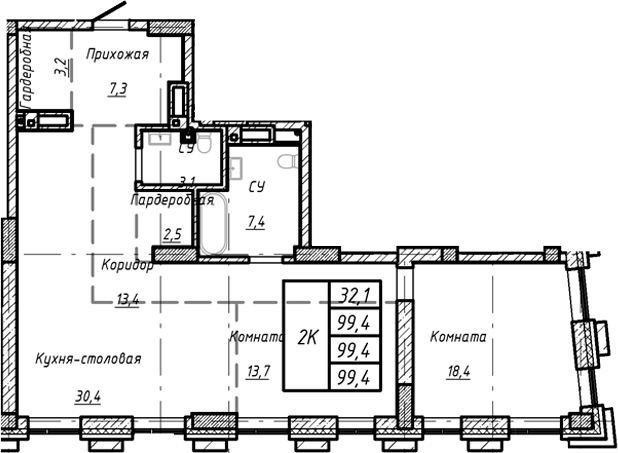 Планировка — Барнаул, 1-комн., 99 м²