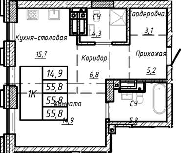 Планировка — Барнаул, 1-комн., 56 м²