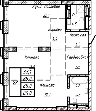 Планировка — Барнаул, 1-комн., 86 м²