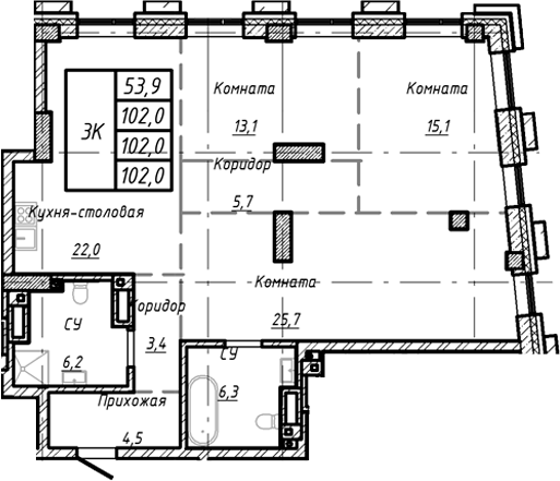 Планировка — Барнаул, 1-комн., 102 м²