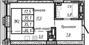 Планировка — Барнаул, 1-комн., 35 м²