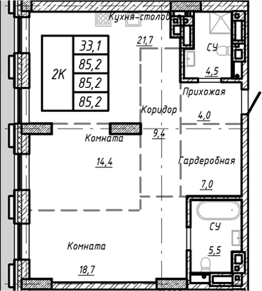 Планировка — Барнаул, 1-комн., 85 м²