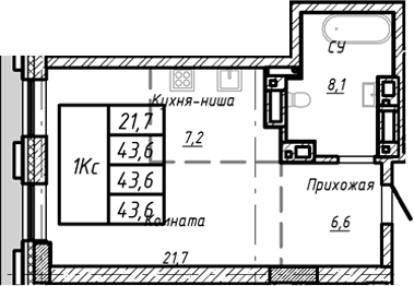 Планировка — Барнаул, 1-комн., 44 м²