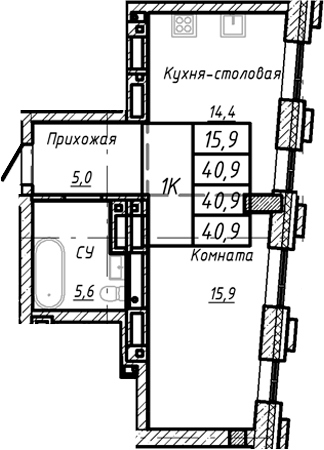 Планировка — Барнаул, 1-комн., 41 м²