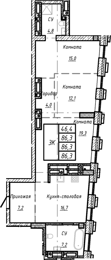 Планировка — Барнаул, 1-комн., 86 м²