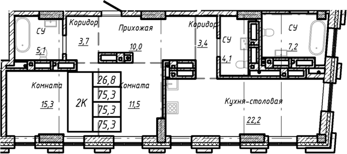 Планировка — Барнаул, 1-комн., 75 м²