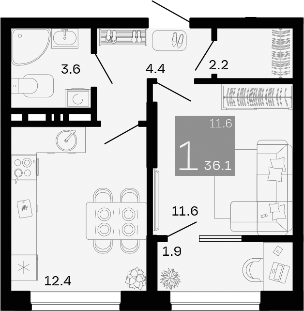 Планировка — Хозяин Морей, 1-комн., 34 м²