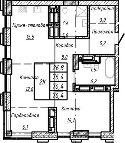 Планировка — Барнаул, 1-комн., 76 м²