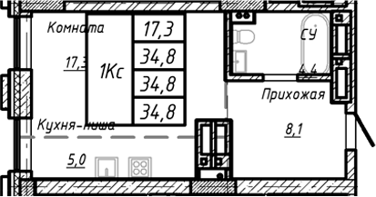 Планировка — Барнаул, 1-комн., 35 м²