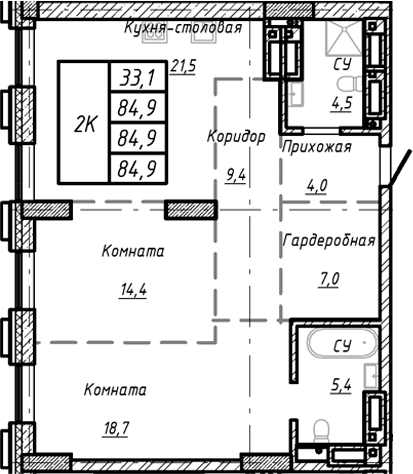 Планировка — Барнаул, 1-комн., 85 м²