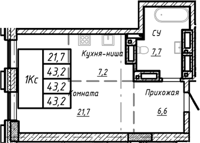 Планировка — Барнаул, 1-комн., 43 м²