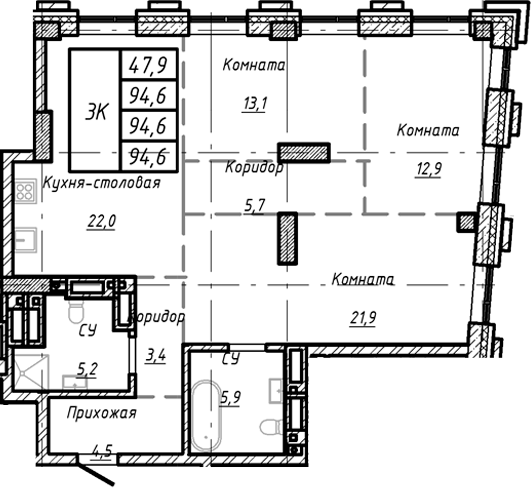 Планировка — Барнаул, 1-комн., 95 м²