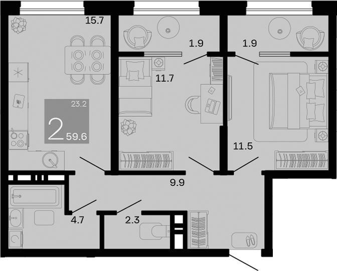 Планировка — Хозяин Морей, 2-комн., 56 м²
