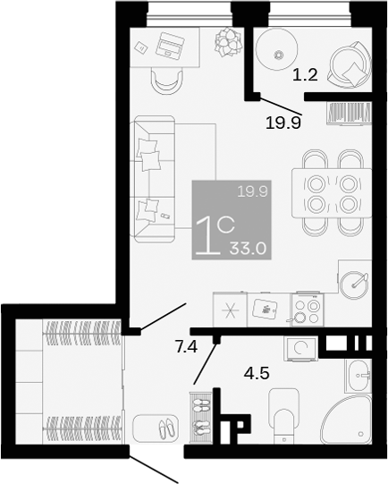 Планировка — Хозяин Морей, Студия, 32 м²