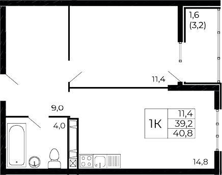 Планировка — Западные аллеи, 1-комн., 39 м²