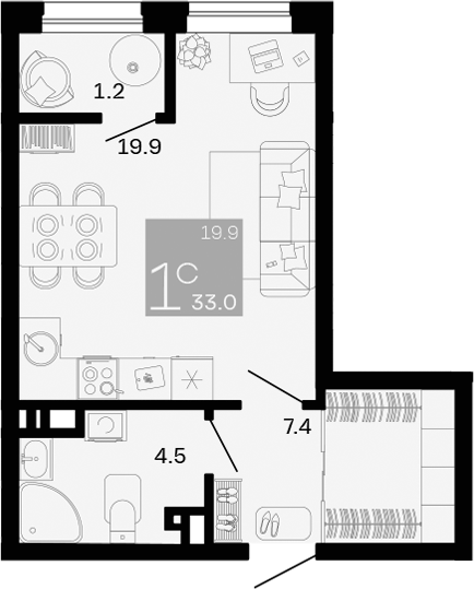 Планировка — Хозяин Морей, Студия, 32 м²