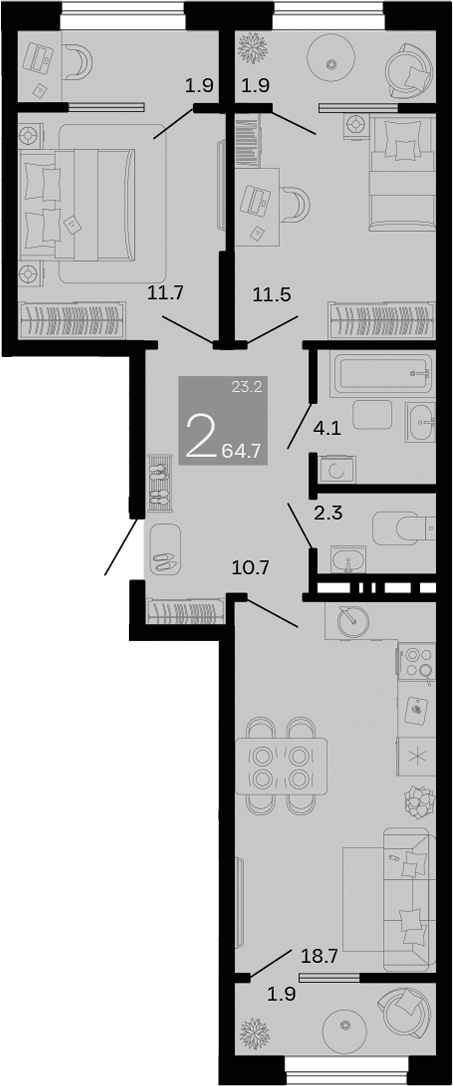 Планировка — Хозяин Морей, 2-комн., 59 м²