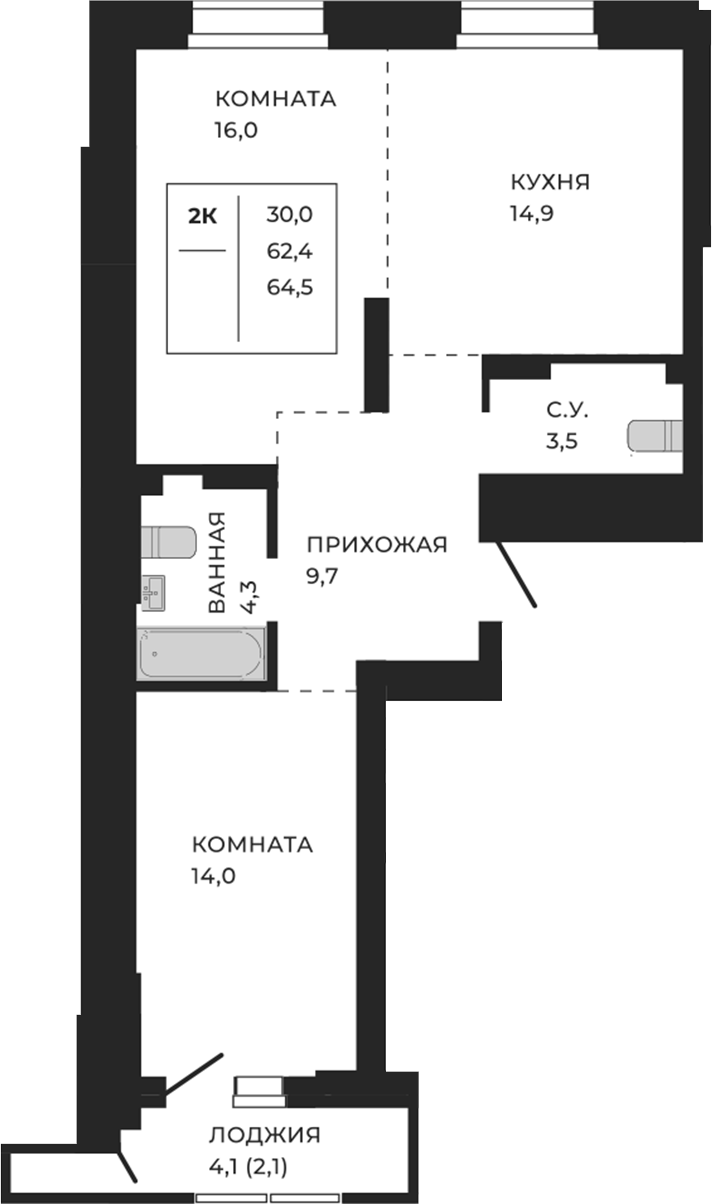 Планировка — ЖеКа Павлов. Барнаул, 1-комн., 65 м²