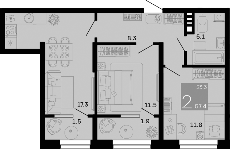 Планировка — Хозяин Морей, 2-комн., 54 м²