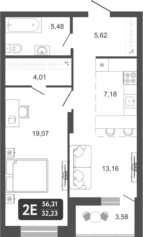 Планировка — Наследие. Кемерово, 2-комн., 55 м²