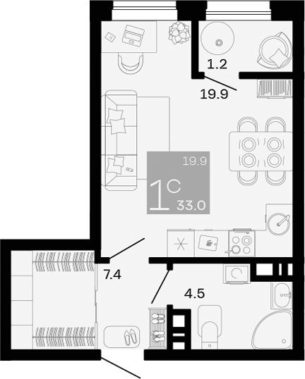Планировка — Хозяин Морей, Студия, 32 м²